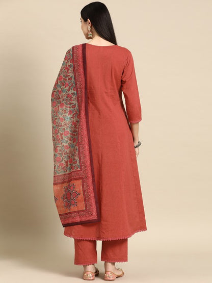 Women's Anarkali Pure Cotton Kurta With Trousers & Dupatta