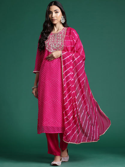 Dhiyona IE Leheriya Printed Zari Kurta With Trousers & Dupatta
