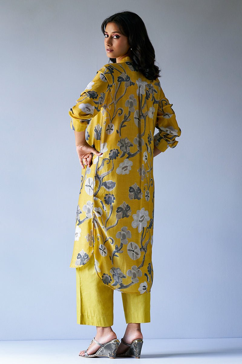 Women's Ceylon Yellow and Grey Bemberg Silk Printed Co-ord Set