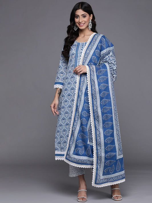 Dhiyona VA Women's Blue & Grey Ethnic Printed Pure Cotton Kurta with Trousers & Dupatta
