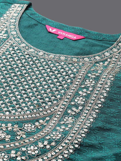 Dhiyona VA Women'sYoke Design Sequinned Straight Kurta & Trousers With Dupatta