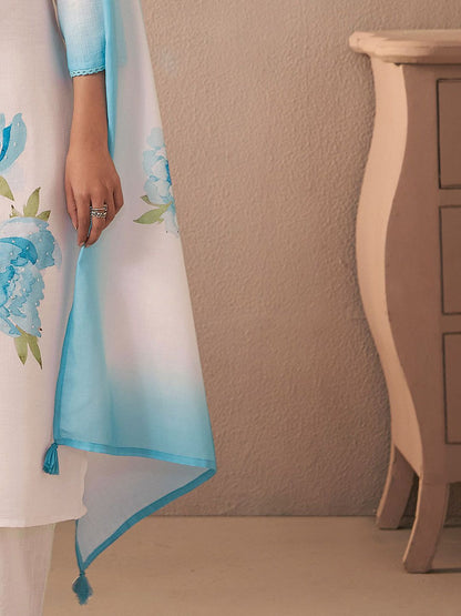 Floral Printed V-Neck Linen Straight Kurta With Trousers & Dupatta