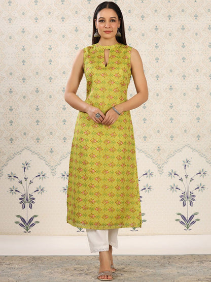 Dhiyona OD  Green Floral Printed Keyhole Neck Straight Kurta