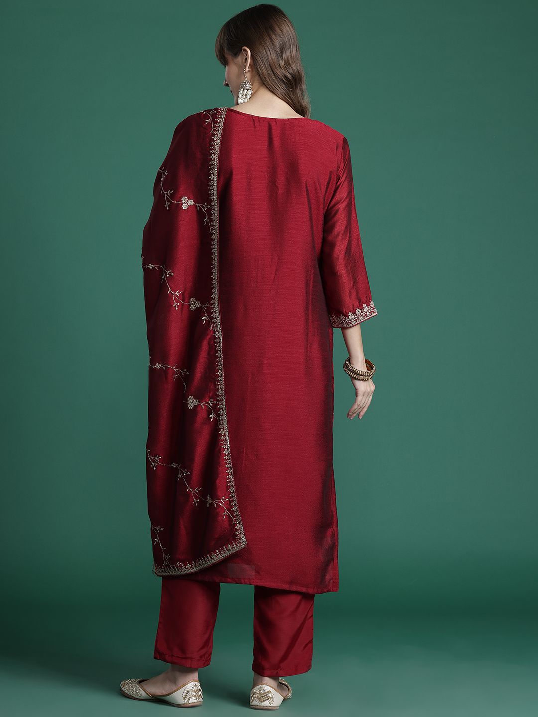 Embroidered Straight Kurta Trousers With Dupatta Set