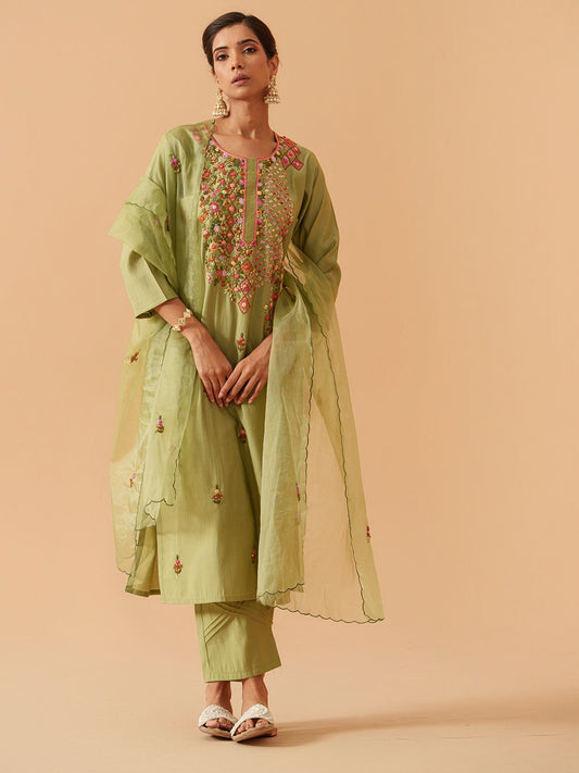 Dhiyona PD Women Embroidered Straight Kurta With Trousers & Dupatta