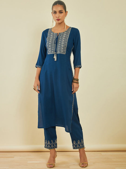 Dhiyona SO Women's Ethnic Motifs Embroidered Kurta with Trousers