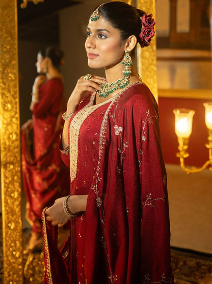 Women Floral Embroidered Sequinned Straight Kurta With Trousers & Dupatta