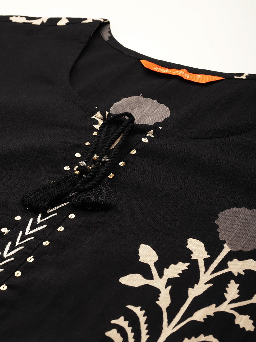 Dhiyona IE Floral Printed Kantha Work Pure Cotton Kurta With Trousers & Dupatta