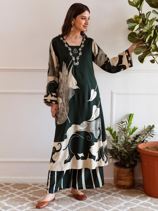 Dhiyona IE Women Printed Regular Beads and Stones Kurta with Palazzos