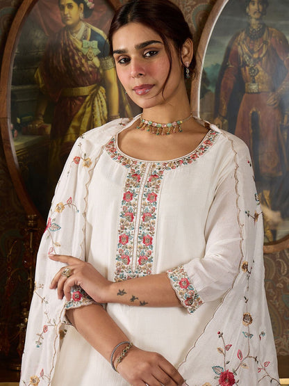 Dhiyona IE Floral Yoke Design Thread Work Straight Kurta With Trousers And Dupatta