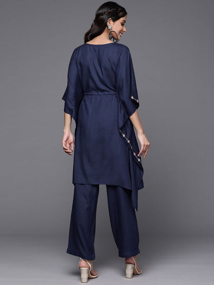 Dhiyona VA Women's Navy Blue Yoke Design Thread Work Pure Cotton Kurta with Trousers
