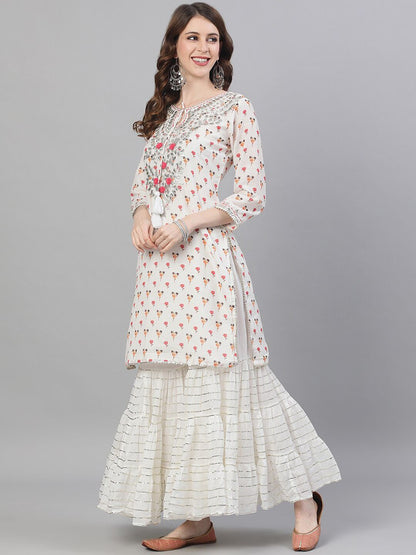 Dhiyona IS Women's Women White Printed Kurta with Sharara & Dupatta