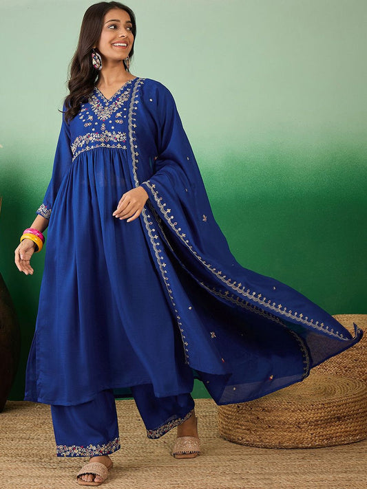 Dhiyona SN Women's Floral Embroidered A-Line Kurta With Palazzo & Dupatta
