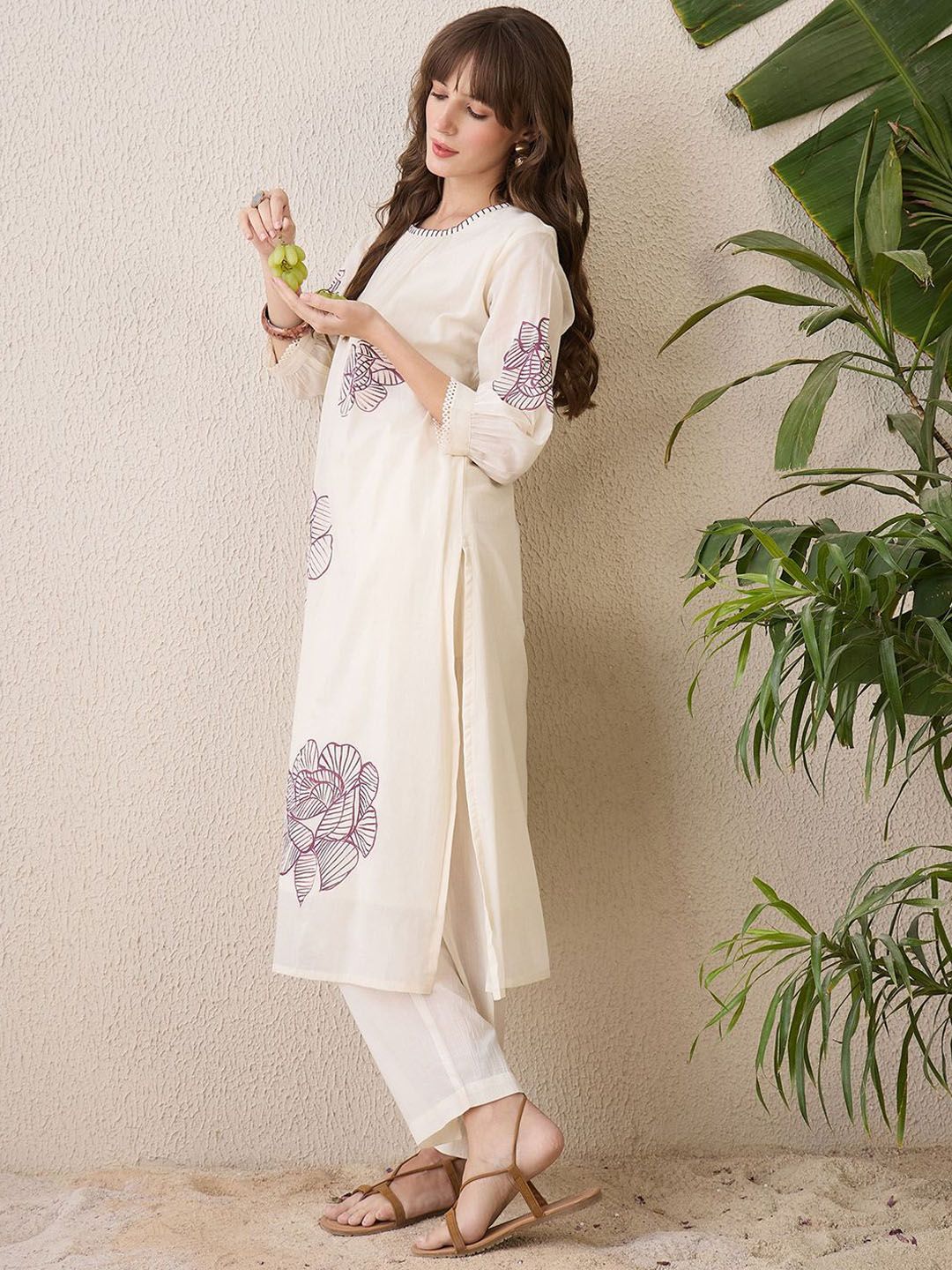 Floral Printed Pleated Round Neck Pure Cotton A-Line Kurta With Trousers