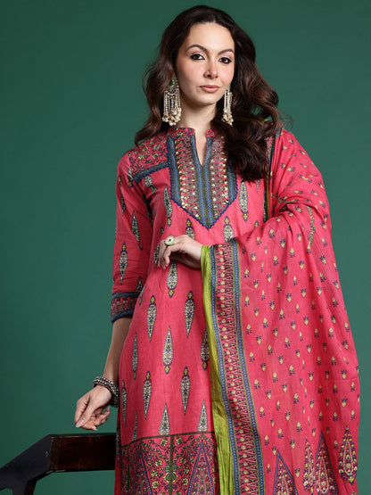 Ethnic Motifs Printed Pure Cotton Kurta with Trousers & Dupatta
