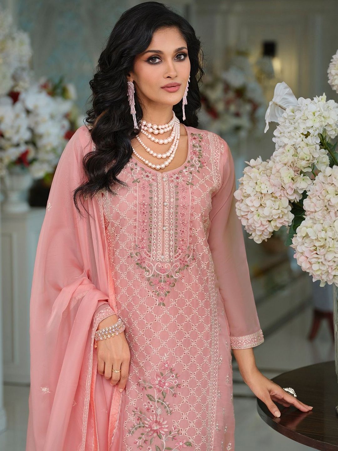 Floral Yoke Design Thread Work Organza Straight Kurta & Trousers With Dupatta