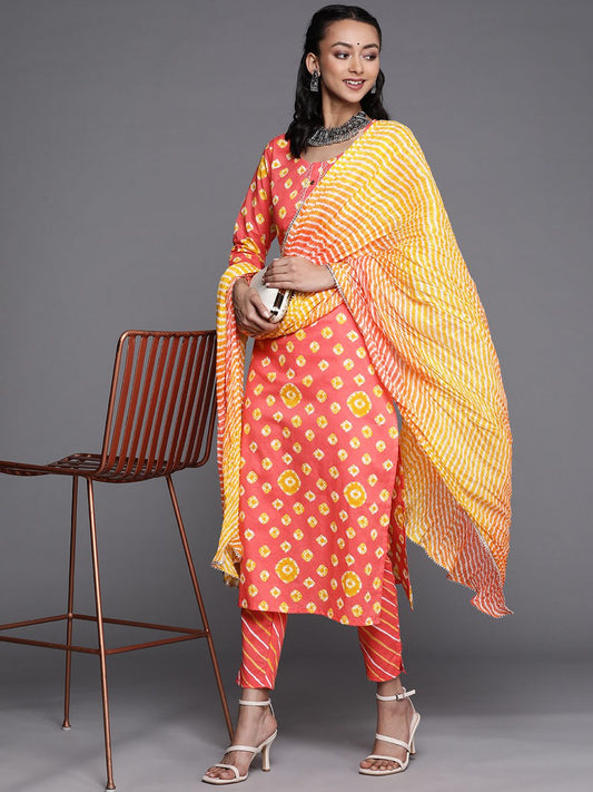 Dhiyona VA Women's Peach-Coloured Ethnic Motifs Printed Gotta Patti Cotton Kurta Set