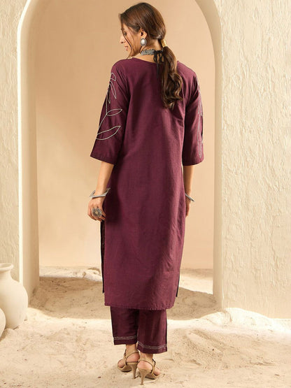 Dhiyona IE Women Floral Embroidered Regular Thread Work Pure Cotton Kurta with Trousers
