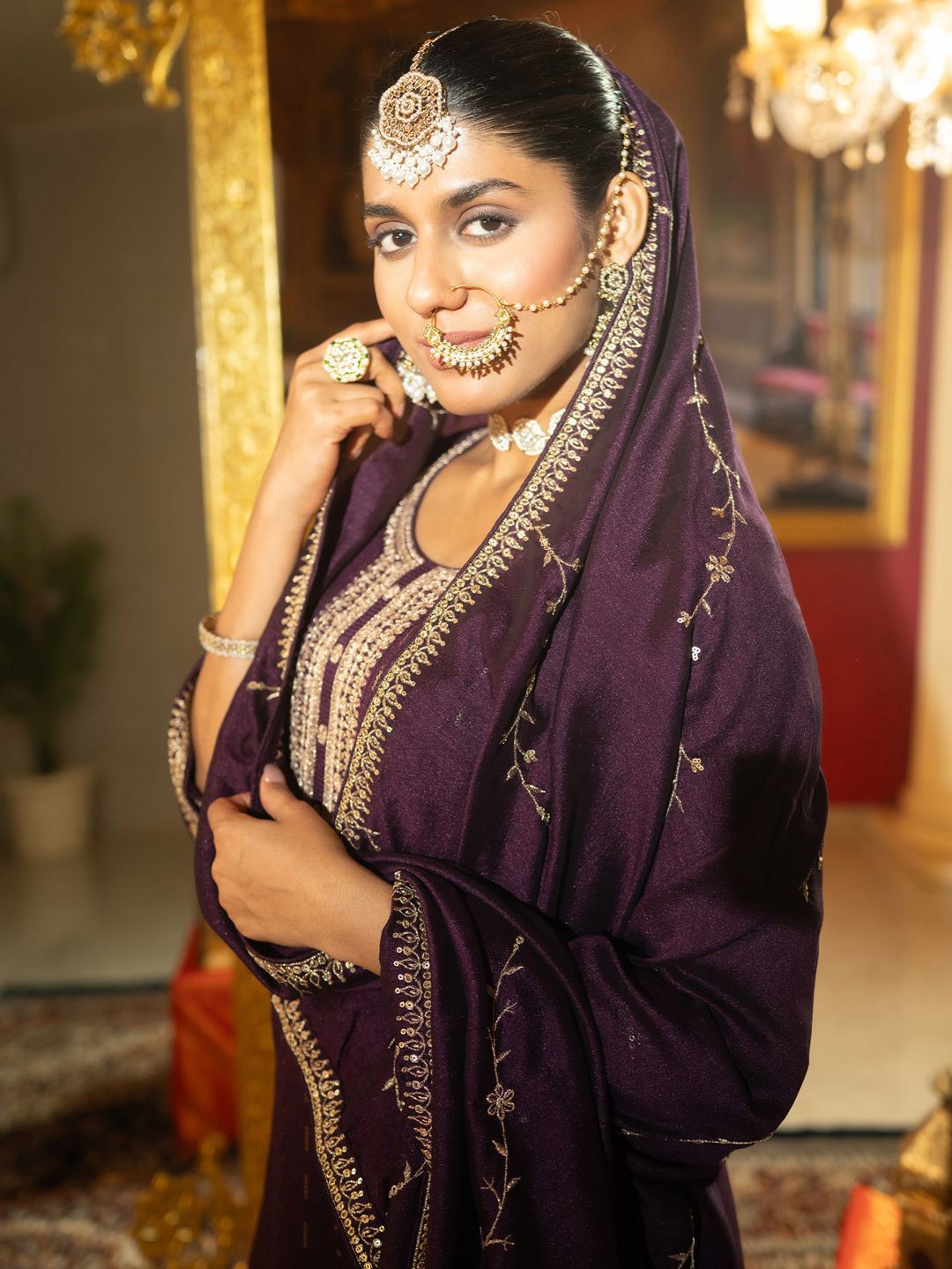 Sequinned Embroidered Round Neck Kurta With Trousers & Dupatta