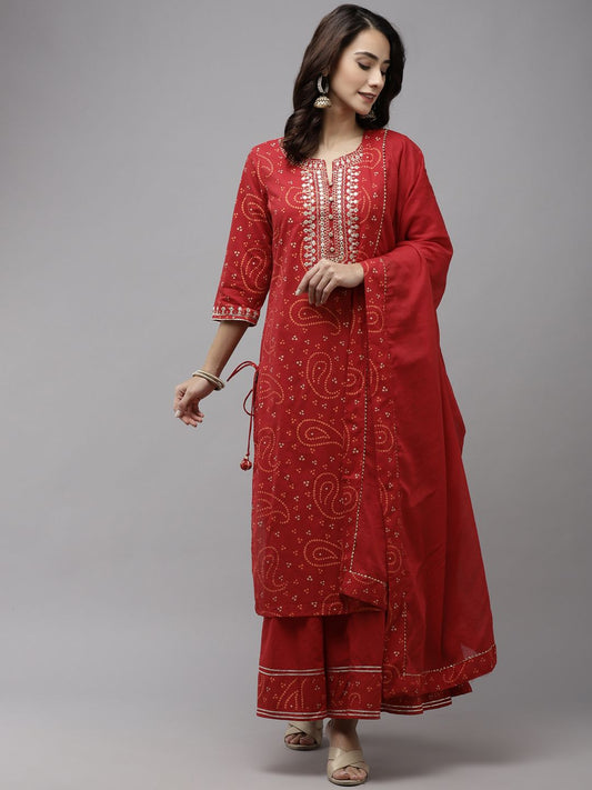 Dhiyona IS Women's Women Red Bandhani Embroidered Regular Aari Work Pure Cotton Kurta with Sharara & With Dupatta