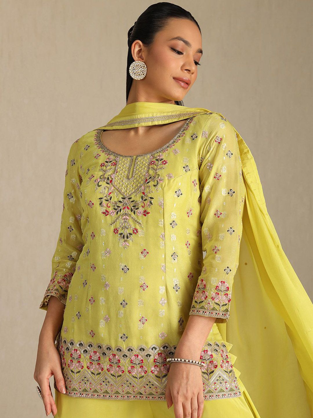 Dhiyona SO Women's Floral Embroidered Round Neck Sequinned Straight Tissue Kurti With Palazzos & Dupatta