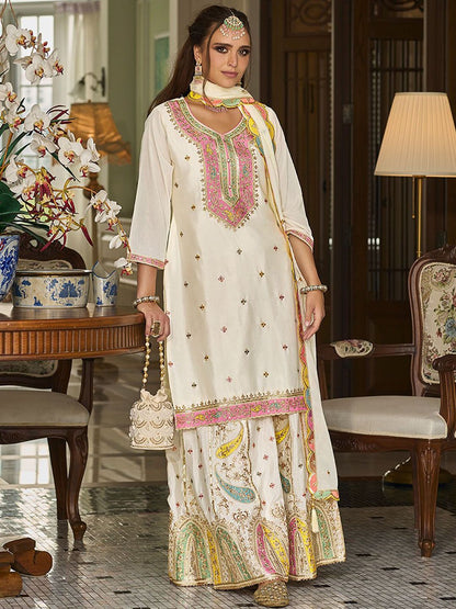 Paisley Embroidered Sequinned Straight Kurta With Sharara And Dupatta