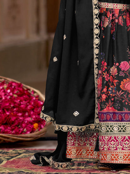 Dhiyona IE Floral Embroidered Sequinned Straight Kurta With Sharara & Dupatta