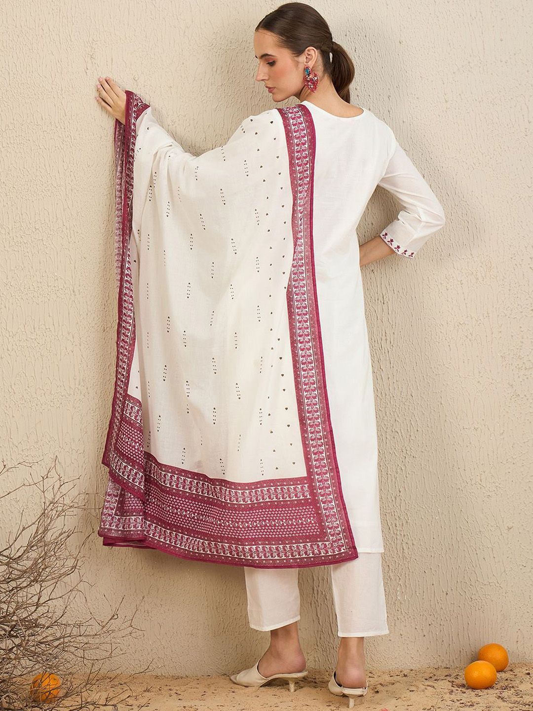 Floral Embroidered V-Neck Pure Cotton Straight Kurta With Trousers & Dupatta
