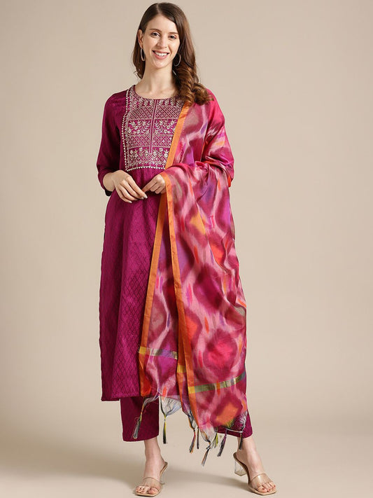 Dhiyona VA Women's Magenta Ethnic Motifs Kurta with Trousers & With Dupatta