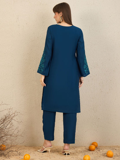 Dhiyona IE Ethnic Motifs Embroidered Flared Sleeves Notch Neck Straight Kurta with Trousers