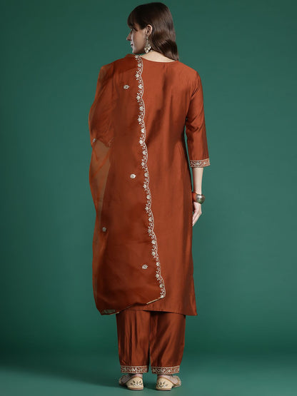 Floral Embroidered Liva Kurta with Trousers & With Dupatta