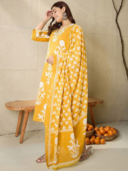 Dhiyona IE Floral Printed V-Neck Pure Cotton Straight Kurta With Trousers & Dupatta
