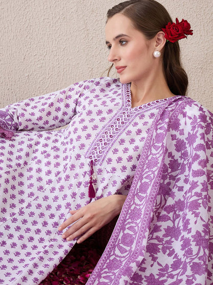 Dhiyona IE Floral Printed V-Neck Empire Pure Cotton Anarkali Kurta With Trouser And Dupatta