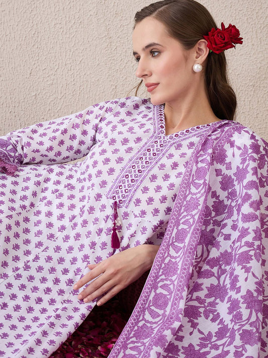 Dhiyona IE Floral Printed V-Neck Empire Pure Cotton Anarkali Kurta With Trouser And Dupatta