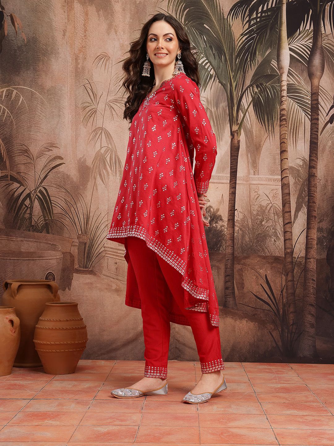 Dhiyona SN Women's Ethnic Motifs Printed with Foil Technique Regular Kurta with Trousers