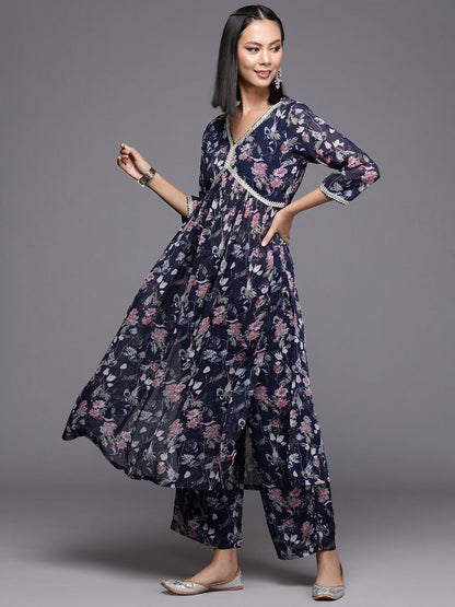 Dhiyona VA Women'sFloral Printed Pleated Gotta Patti Silk Georgette Kurta with Trousers & Dupatta