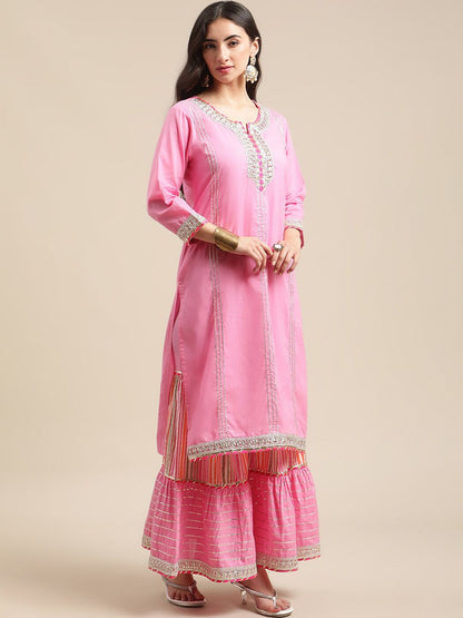 Dhiyona VA Women's Pink Gotta Patti Pure Cotton Kurta with Sharara & Leheriya Dupatta