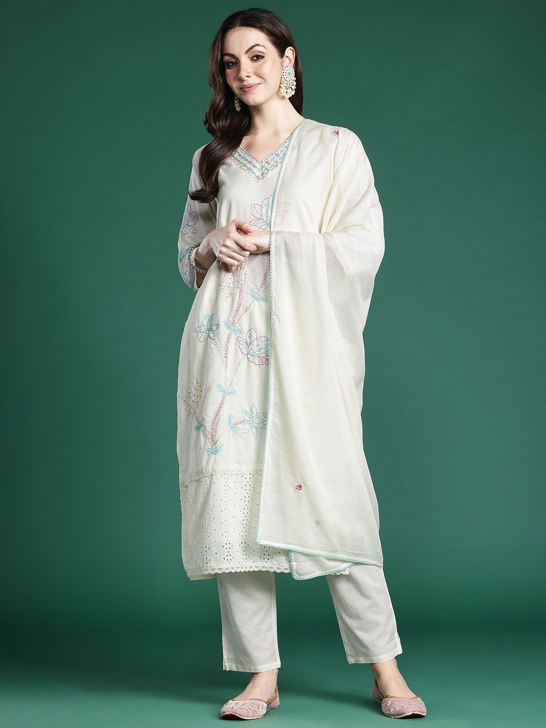 Dhiyona IE Floral Embroidered Thread Work Pure Cotton Kurta with Trousers & With Dupatta