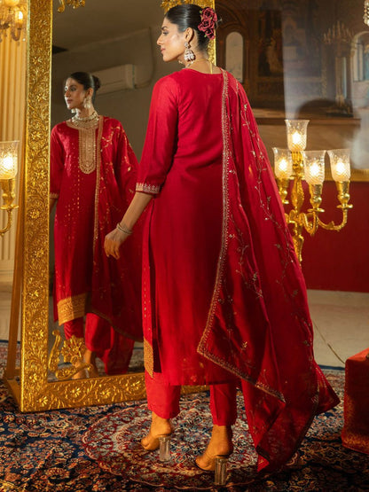 Dhiyona IE Women Ethnic Motifs Embroidered Regular Sequinned Kurta with Trousers & With Dupatta