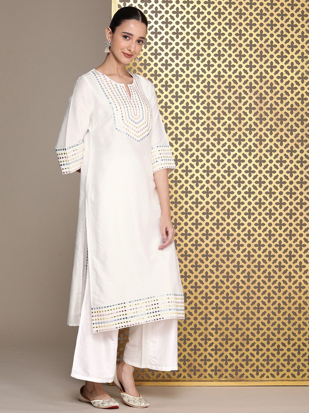 Dhiyona PD Women Embroidered Beads and Stones Jashn Kurta with Palazzos & Dupatta