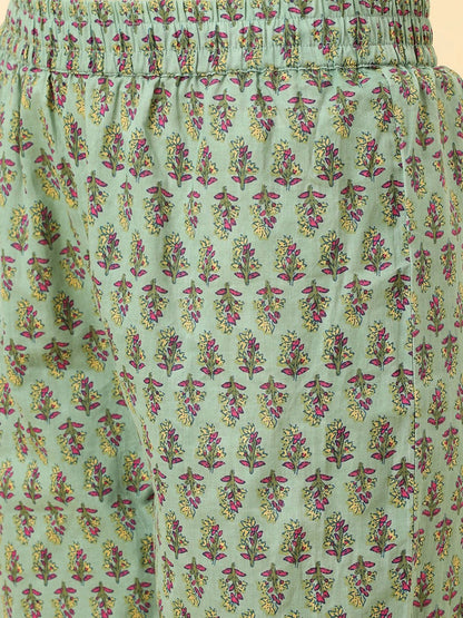 Dhiyona VA Women'sFloral Printed A-Line Pleated Pure Cotton Kurta with Trousers & Dupatta