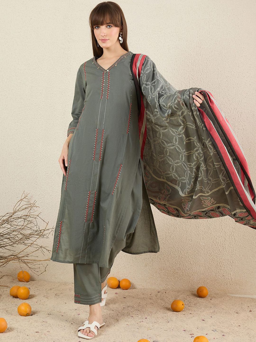 Women Solid Embroidered Cotton Kurta with Trousers & Dupatta