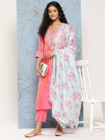Dhiyona VA Women'sYoke Design Regular Sequinned Chanderi Silk Kurta with Trousers & With Dupatta