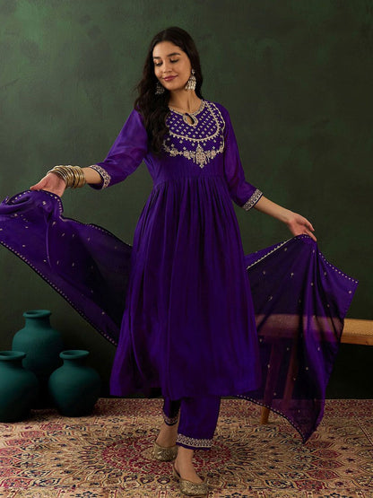 Dhiyona SN Women's Purple Ethnic Motifs Embroidered Keyhole Neck A-Line Kurta With Trouser & Dupatta