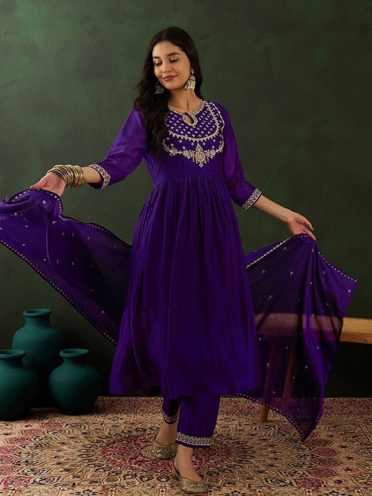 Dhiyona SN Women's Purple Ethnic Motifs Embroidered Keyhole Neck A-Line Kurta With Trouser & Dupatta
