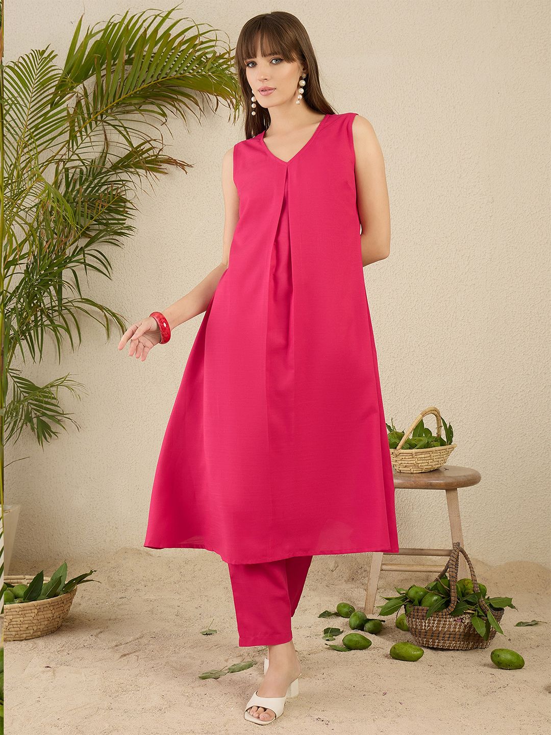 Pink Solid A-Line Kurta Trousers Set