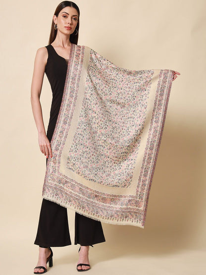 Dhiyona PA Women White Woven Design Kaani Woolen Shawl
