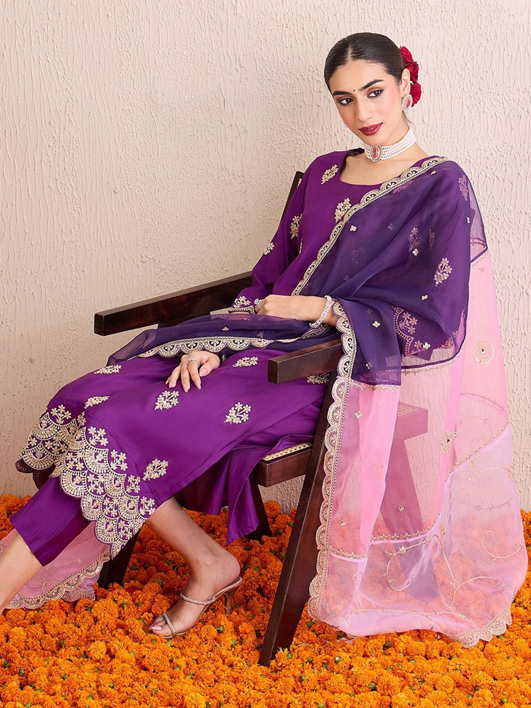 Dhiyona IE Women Ethnic Motifs Embroidered Regular Kurta with Trousers & With Dupatta