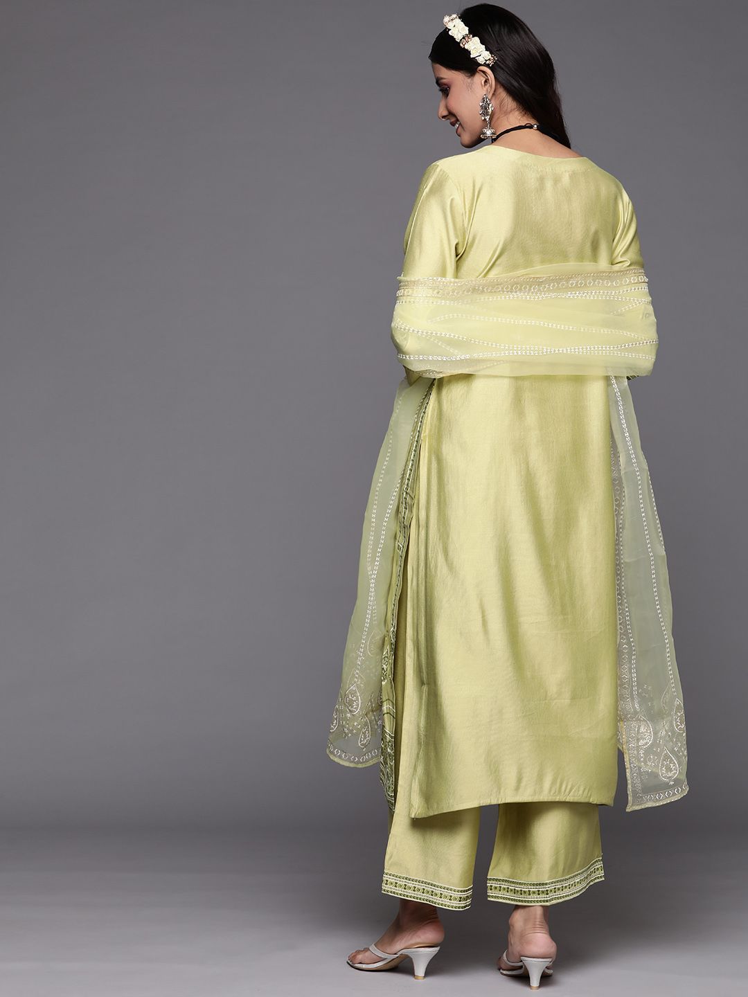 Dhiyona IE Women Green Floral Printed Liva Kurta with Palazzos & With Dupatta