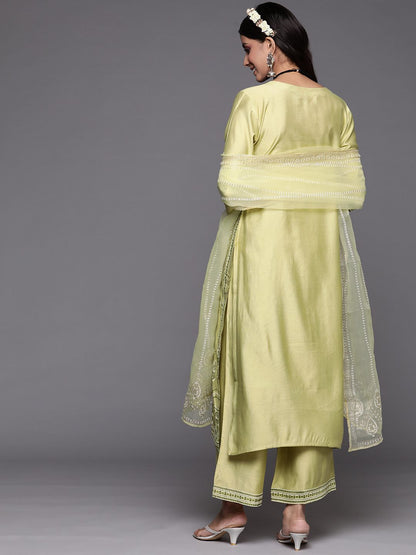 Dhiyona IE Women Green Floral Printed Liva Kurta with Palazzos & With Dupatta